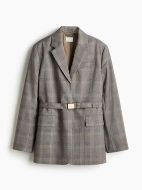 H&M Plaid Belted Blazer Brown Taupe Check Gold Button Small NWT